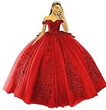 XYAYE Red Quinceanera Dress Cute Sweet 16 Dresses Sparkly Tulle Off Shoulder Puffy Ball Gown 15th Birthday Dresses with Bow