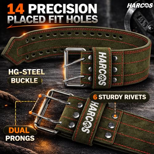 Image of Harcos Leather Weightlifting Gym Belt for Men & Women with Prone Buckle | Back Support Belt for Lifting, Squats, Deadlifts, Powerlifting & Strength Training | Adjustable Waist Workout Gym United states power lifting association & IPL Approved (Army-Green, S)