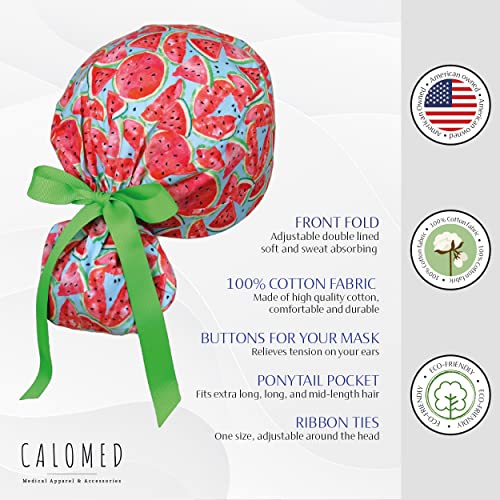 Image of Scrub Cap for Women and Men, Ponytail Scrub Caps, Working Hat, Head Cover with Ribbon Ties and Buttons, Long Hair