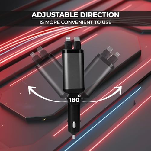 Image of 120W 5-in-1 Car Charger Adapter | 2 Retractable Cables (Type-C & Lightning) + 3 Ports (USB A + 2 Type C) | LED Display | Charging for iPhone, Android, Laptops & All Devices