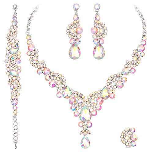 CSY Elegant Iridescent Crystal Necklace Earrings Bracelet Ring Bridal Wedding Costume Jewelry Sets for Brides Women Gifts (Iridescent AB Crystal - Silver tone)