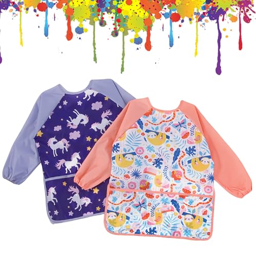 volumoon bata pintura niños,Delantal Ropa Babero Impermeable Infantil, delantales para niños con Mangas y 3 Bolsillos,Tela de Delantal Infantil Artes,Artes y Manualidades Cocina de 2 a 8 Años