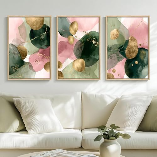 Pink Green Gold Canvas Wall Art Picture Mid Century Watercolor Abstract...