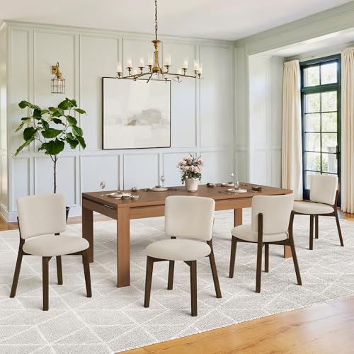 LUE BONA Wooden Dining Chairs Set of 4, Comfortable Wide Back Kitchen Side Chairs, Strong Thick Legs for Modern Farmhouse Dining Room, Linen Upholstered and Dark Brown Legs