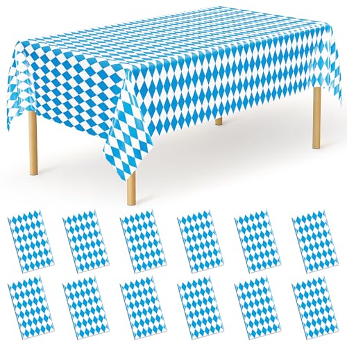 Image of QZYL 12 PCS Plastic Oktoberfest Tablecloth, Blue White Bavarian Flag Check Table Cover, 54 X 108 in Disposable Rectangular Beer Decorations, Plastic White Blue Party Supplies for Oktoberfest Party