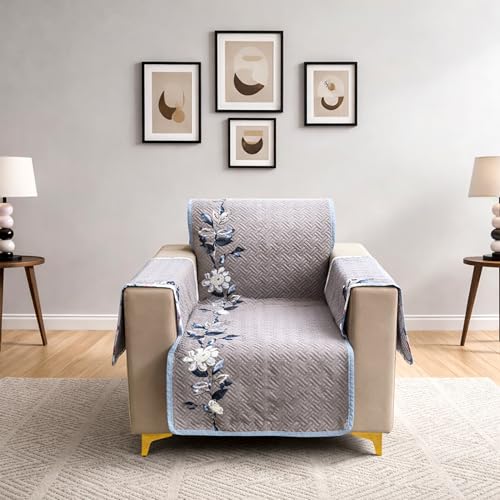 Image of Homerz Premium 1 Seater Quilted Reversible Sofa Cover Mat with Pocket Arms | Polyester Blend 350 GSM Full Coverage & Back Belt for Stability (Velaro, 1 Seater)