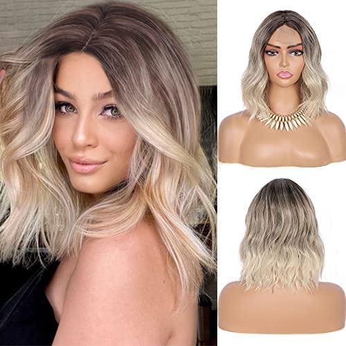 Olymei Short Small Edge Lace Front Wigs 12” Bob Synthetic Lace Frontal Wigs Middle Part Curly Wavy Short Blonde Wigs for Women