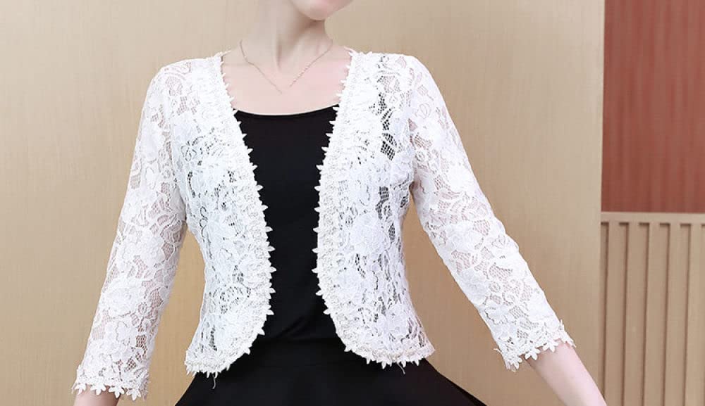 Strickjacke Damen,Damen Weiße Spitze Imitationsperlen Shrug Tops Elegante 3 4 Ärmel Strickjacke Vorne Offen Cropped Tops Schulterjacke Schiere Bolero Lässige Abendjacke Vertuschungen Für Kleidfrauen