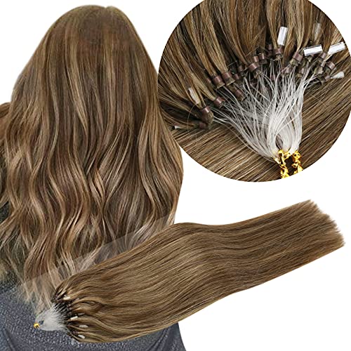 VeSunny Micro Loop Hair Extensions Dark Brown Highlights Blonde Ring Loop Human Hair Extensions 14inch Invisible Microbeads Remy Hair Extensions 50strands Per Pack