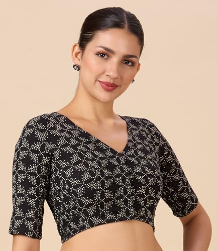 Image of Studio Shringaar Women Cotton Half Sleeve Printed Stretchable(Smocked)Readymade Saree Blouse