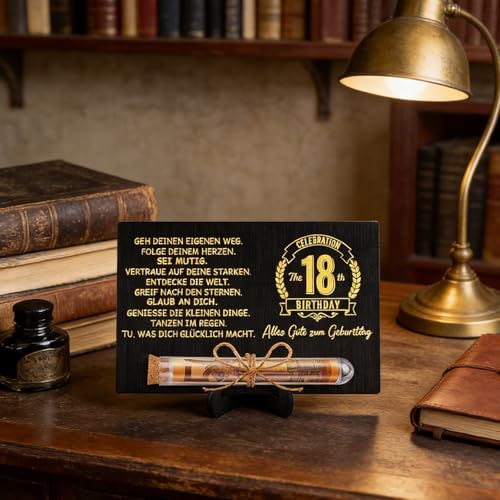 MVOLEGDE Geldgeschenk 18.Geburtstag für Mädchen Junge,Schwarz-Gold Holzkarte Geburtstag,Geburtstagskarte 18. Geburtstag Junge mit Reagenzglas,Schnur Ständer Umschlägen,für Mädchen Junge(Schwarzgold)