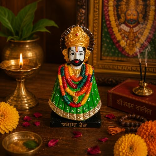 Image of eCraftIndia Green Khatu Shyam Ji Idol for Home Decor | Decorative Khatu Shyam Statue with Garland Design | Spiritual Showpiece for Temple, Living Room & Gifting