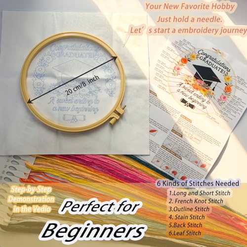 Image of FONNUY Graduation Embroidery Kit, Floral Grad Cap Design Cross Stitch Kits for Beginners, Handmade Crafts with Printed Patterns for Beginner Adults, Color Thread Needlework, 8'' Hoop (Flower)