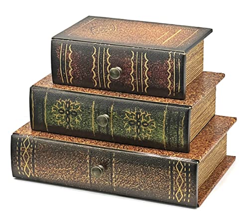 Bellaa 21093 Decorative Book Box with Drawers Hidden Storage Trinket Vintage Antique Flux Leather Wooden Boxes Organizer Retro Farmhouse Boho Home Decor 8 by 6 Inches