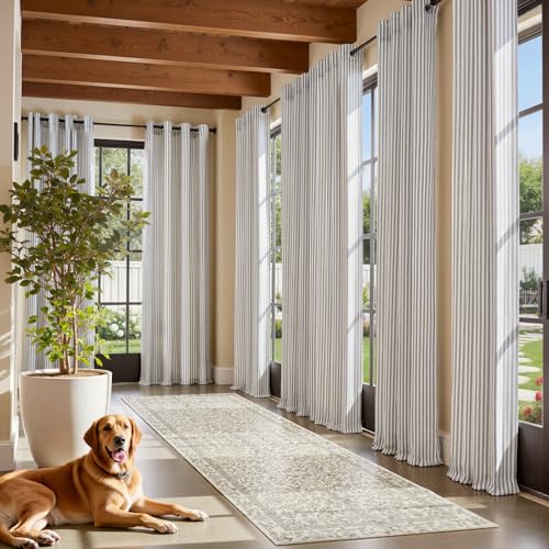 Image of jinchan Linen Curtains 96 inch Blue Stripe on Beige Grommet 2 Panels