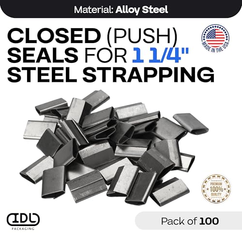 Image of IDL Packaging 1 1 /4 inch Closed (Push Type) Seals for Steel Strapping, Pack of 100 - USA-Made Sturdy Metal Clips for Securing Heavy Load Packaging - Superior Holding Power for Steel Banding Jobs