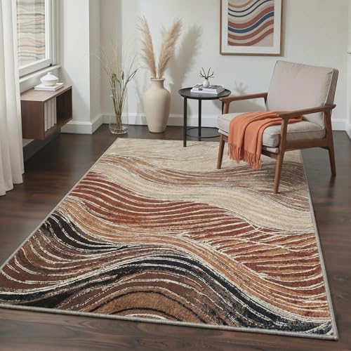 Image of BEIMO Area Rugs 8x10 for Living Room Bedroom, Modern Abstract Machine Washable Rug, Large Soft Low Pile Floor Carpet with Non Slip Backing for Dining Room, Caramel Sand