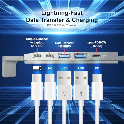 Image of Laptop Stand with 4-Port USB Dock | 100W PD Charging | Adjustable Foldable Aluminium Holder & Riser | USB-C & USB-A Ports | MacBook & Universal Laptop Compatible