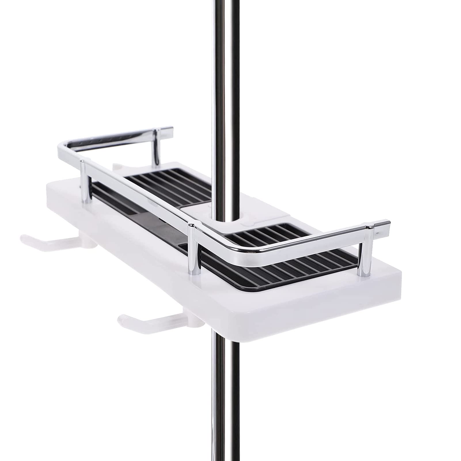Beauenty No Drilling Lifting Rod Shower Head Holder，Shower Caddy Shelf for Slide Bar，Shower Rack For Shower Rod，Adjustable Shower Caddy with Stainless Steel Guardrail and Hanging Hooks (Style 1)