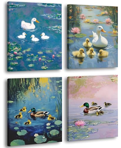 Art mural vintage Monet avec canards et nénuphars, lot de 4 toiles encadrées 20x25 cm