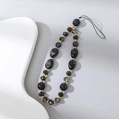 Phone Charm Keychain Beaded Natural Gemstones Beads Mobile Phone Chain Wrist Strap Anti-Lost Beaded Phone Strap Cute Camera Handbag Pendant for Women Girls (Black)