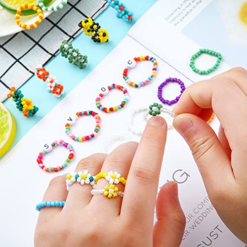 Jadive 29 Pieces Flower Beaded Ring Daisy Flower Bead Rings Set Rice Bead Rings Cute Handmade Vsco Boho Beach Rings Colorful Jewelry Ring Rainbow Colorful Beads Knuckle Ring Set For Girl Women #TOP3