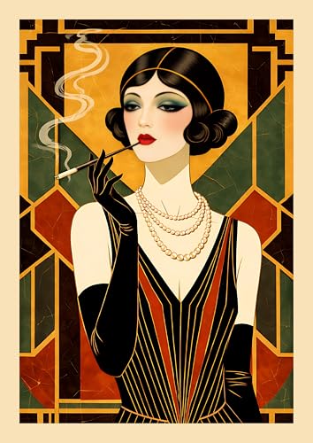 Image of Art Deco Woman Smoking Portrait Wall Art, Vintage 1920s Flapper girl Style, Gold and Green Geometric Design. Size A4