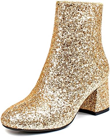 SEIFIN Women's Sequins Glitter Chunky Heel Ankle Boots Sparkly Wedding Bridal Party Dress Shoes Block Mid Heels Side Zipper Booties(Gold,us 8)