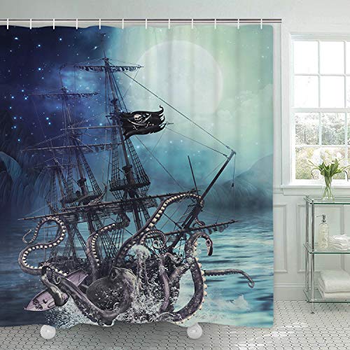 Octopus Shower Curtain Ocean Kraken Attack Nautical Pirate Ship Shower Curtain With 12 Hooks, Octopus Tentacles Sailboat Wave Mountain Under Moon Starry Sky Shower Curtain, Waterproof Durable #TOP2
