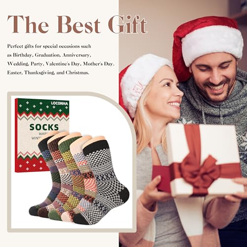 Image of LOCONHA Womens Wool Socks 5 Pairs Winter Warm Sock Thick Knit Cabin Cozy Crew Soft Socks Gifts for Women
