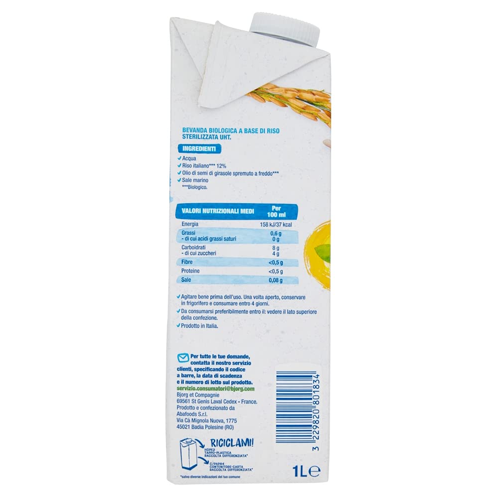 BJORG Bevanda di Riso, Vegetale, a Basso Contenuto di Grassi, Senza Zuccheri Aggiunti, Senza Glutine, Vegan, Prodotto in Italia, 1L