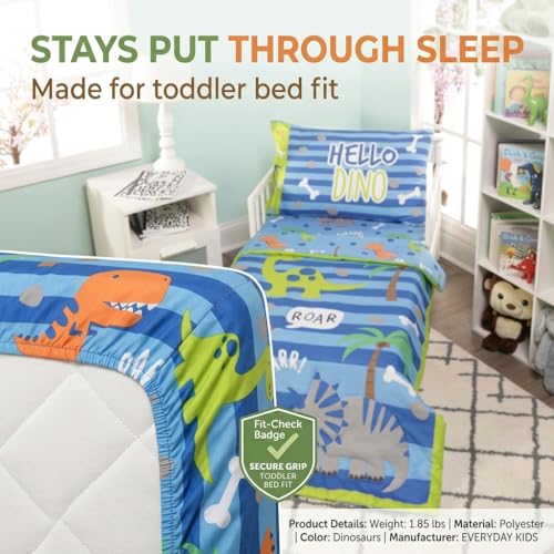 Image of EVERYDAY KIDS 4 Piece Toddler Bedding Set - Roaring Dinosaurs - Includes Comforter, Flat Sheet, Fitted Sheet and Reversible Pillowcase - Boys Toddler Bedding