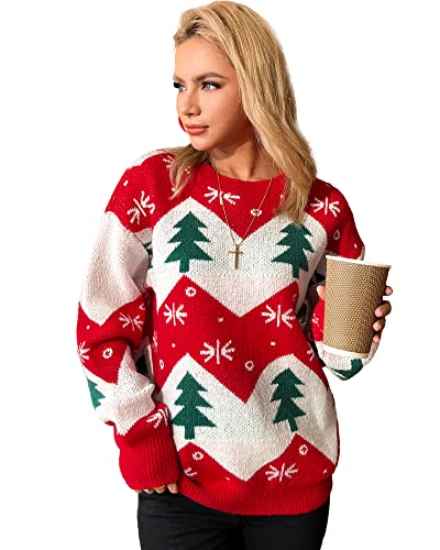 Honwenle Women's Ugly Christmas Sweater Funny Cute Christmas Tree Snowflake Reindeer Santa Xmas Knitted Pullover Jumper Tops