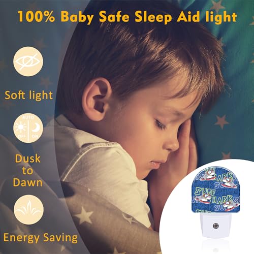 Image of Cartoon Surfing Sharks Night Light, Cool Cute Shark Dusk to Dawn Night Light Plug in,0.5w Energy Saving Sleep Friendly Nightlights for Kids Boys Girls Home Decor