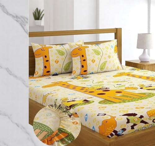 Image of New Town Cotton Feel Glace Cotton Elastic Fitted Printed Queen Size Double Bed Bedsheet with Matchig 2 Pillow Covers Fits Upto 8 Inches Mattress Size Safari 1102