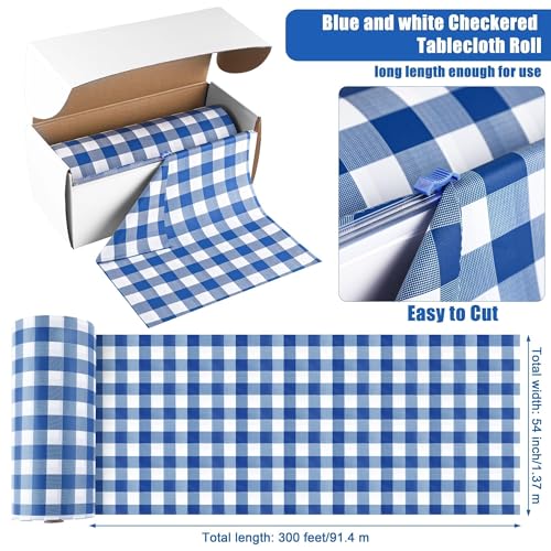 Image of Kochorie 54 Inch x 300 Ft Blue Checkered Plastic Table Cloth Roll Disposable Waterproof Table Cover Plastic Table Cover Roll with Easy Slide Cutter for Outdoor Picnic /Home Dining /Spring Party