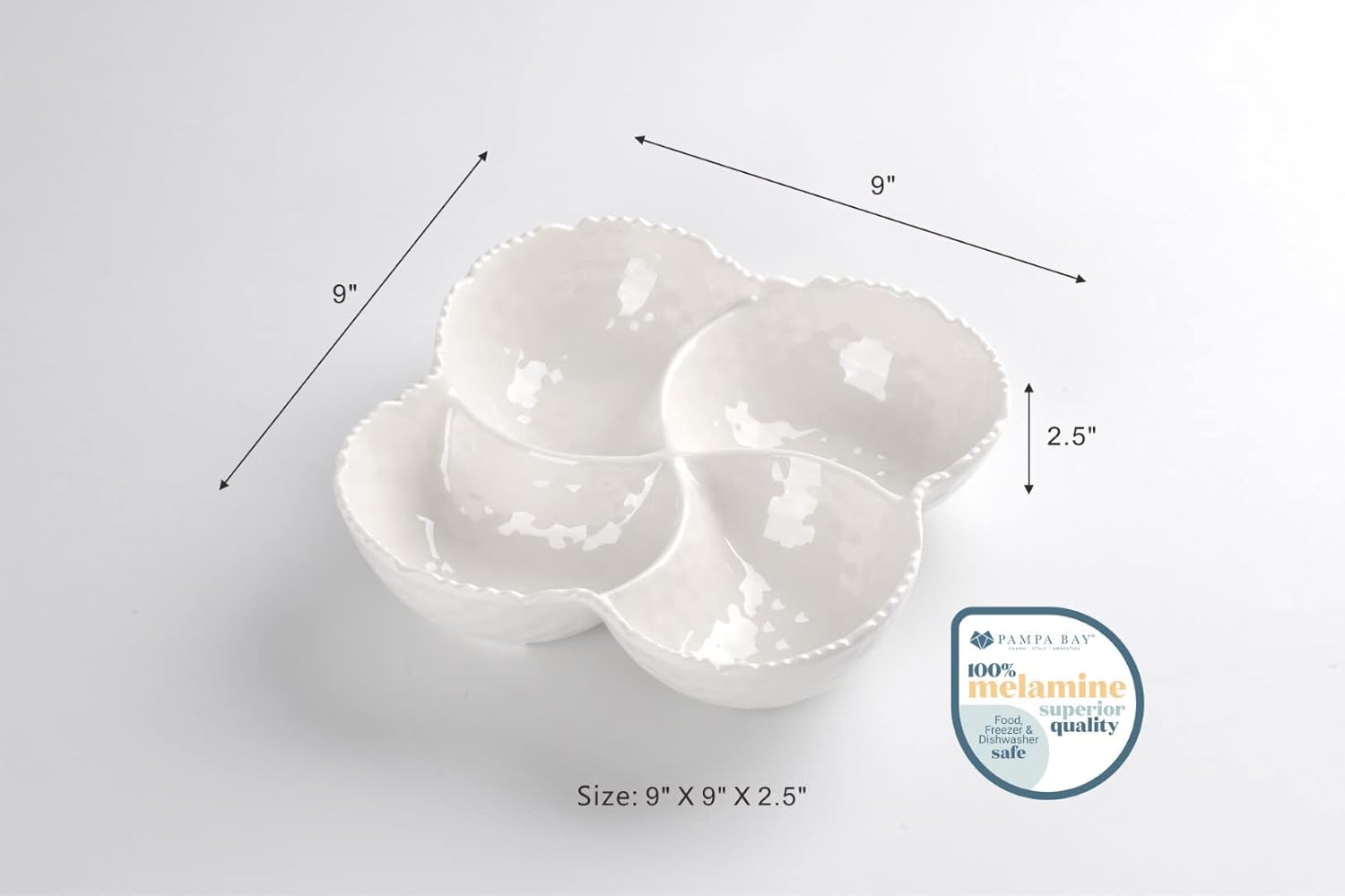 Pampa Bay Shatterproof Melamine 4 Section Bowl, 9 x 9 Inch, Food, Freezer, Dishwasher Safe, White