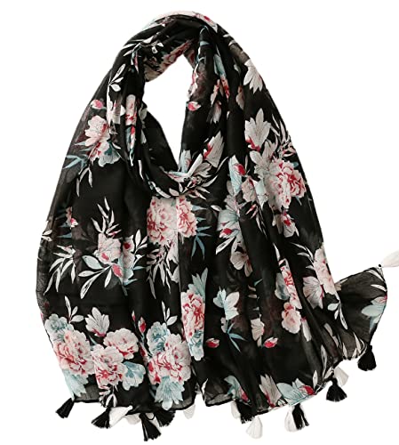 FAIRYGATE Damen Schal schwarzer Schals mit großem Blumendruck übergroßer Deckenschal Herbstschal Winterschal XXL Oversized Fransen Poncho Geschenke für Frauen 52016