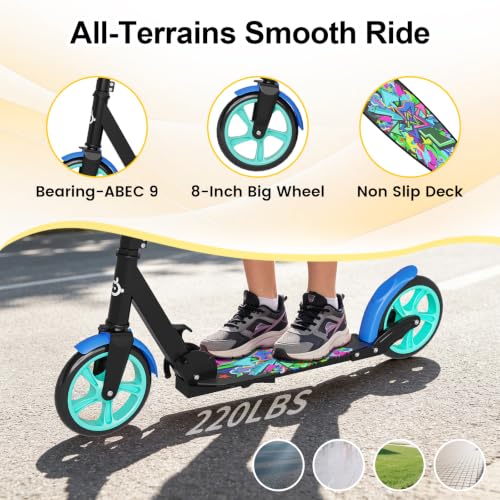 Image of SIMATE Kick Scooter for Kids Teens & Adults, 4 Adjustable Heights, 8IN All Terrain Big Wheels, Foldable and Lightweight, Gifts for Girls Boys