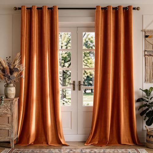Velvet Burnt Orange Blackout Curtains 108 inch Length for Living Room