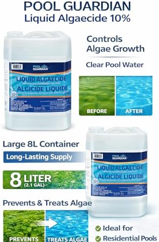 Pool Guardian Liquid Algaecide 10% (8L) Kills Black Green & Mustard Algae Fast Acting Swimming Treatment Prevents Future Growth Safe for All Surface Types Concentrated Professional Grade Formula - 1