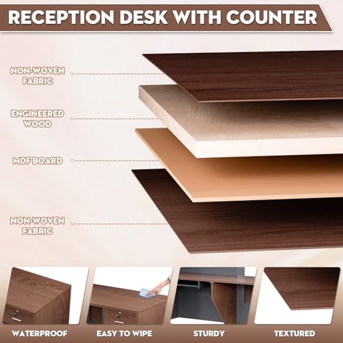 L-Shaped Large Wooden Reception Desk, Modern Front Desk Reception Counter with Lockable Drawers & Storage & Keyboard Tray, for Checkout, Lobby (Right-Walnut/Black, 71\'\'L x 42\'\'W x 41\'\'H) - Thumbnail 4