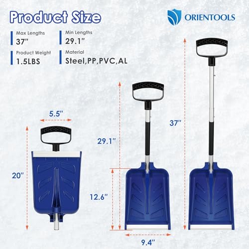 ORIENTOOLS Snow Shovel with D-Grip, Aluminum Handle and PP Head with Durable Aluminum Edge Blade, an Ideal Accessory for Your Car, Truck, Recreational Vehicle, etc. (Blade 9.4\")