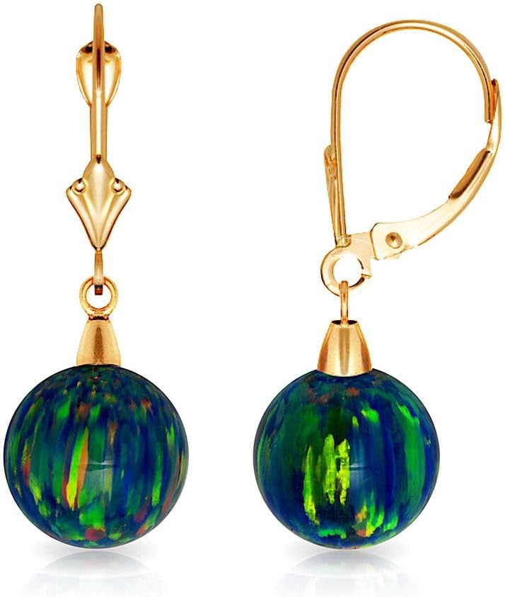 14k Yellow Gold Dark Blue 8x8mm Simulated Opal Ball Drop Leverback Earrings 28x8mm Ball Earring for Women