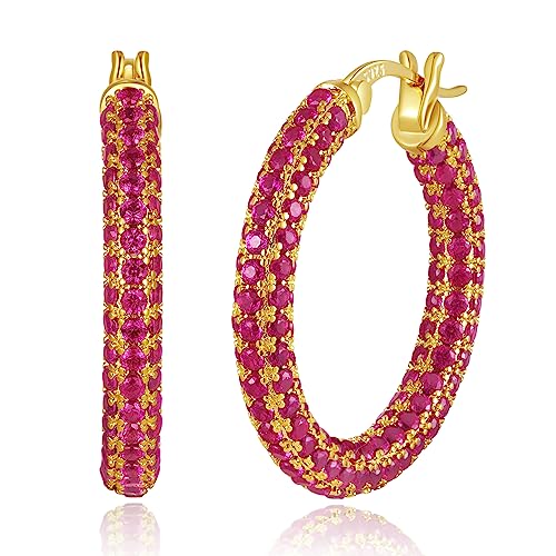 CiNily Hoop Earrings for Women Hypoallergenic,14K Gold Plated 925 Sterling Silver Post Earrings Lightweight Rose Red Crystal Cubic Zirconia Chunky Open Hoops Jewelry 1.2"