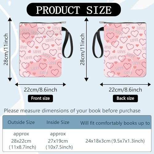 CRASPIRE Love Heart Book Covers Pink Book Protector Book Sleeve for Paperbacks Washable Fabric Cloth Book Cover with Zipper and Extra Sleeve Pocket for Book Lovers Classmate Valentine Gifts - Image 3
