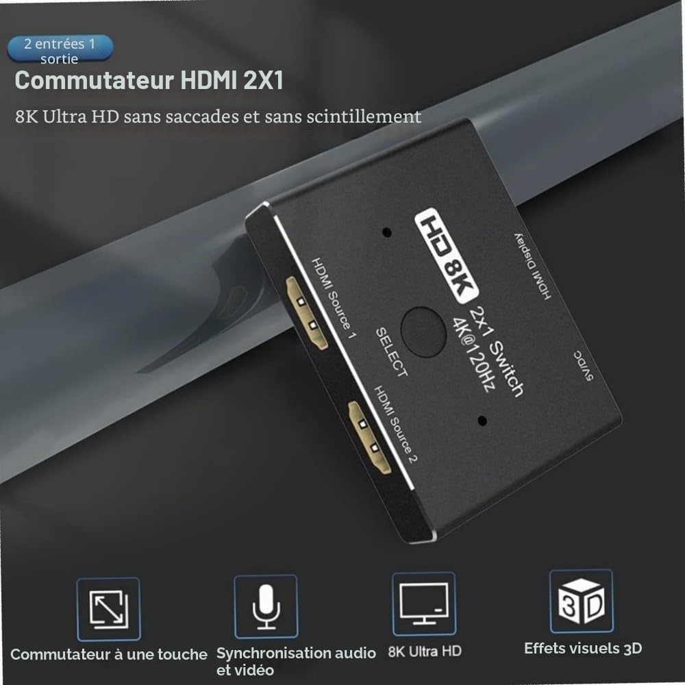 Directionnel HDMI 2.1 Switcher Commutateur Ultra HD 8K Haute Vitesse 48Gbps 2in 1out 8K@60Hz 4K@120Hz Convertisseur Séparateur Compatible avec Les Moniteurs PS5