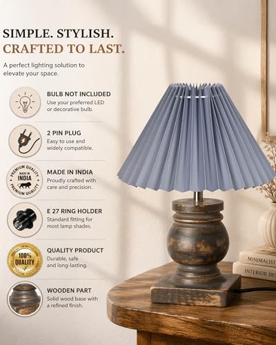 Image of Homesake Small Table Lamp for Bedroom Living Room Simple Retro Grey Distress Wood Grain Farmhouse Bedside Lamps Suitable for Nightstand, Desk Light, Gift, Trophy, (Grey Pleated Shade)
