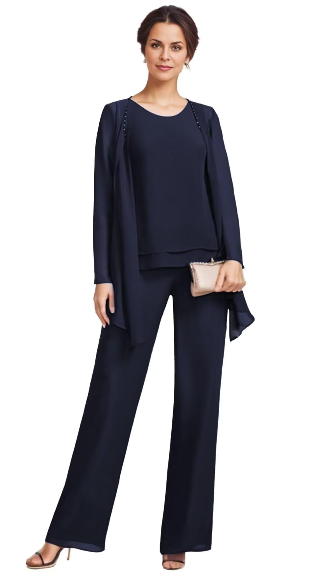 3 Pieces Mother of The Bride Pant Suits with Jackets Chiffon Long Sleeve Formal Outfit for Women Dressy