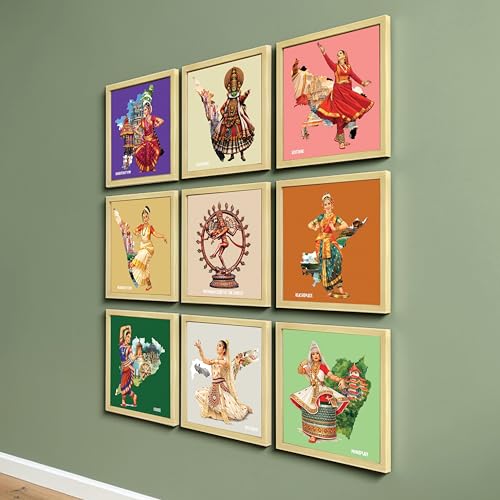 Image of Indian Classical Dance forms Wall Art Paintings with Frame For Living Room | Traditional Indian Dance Culture Framed Wall Art Paintings for Home, Set of 9, (9x9 Inch)